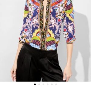 Alice + Olivia Purple and Gold Embellished Graphic Blouse
